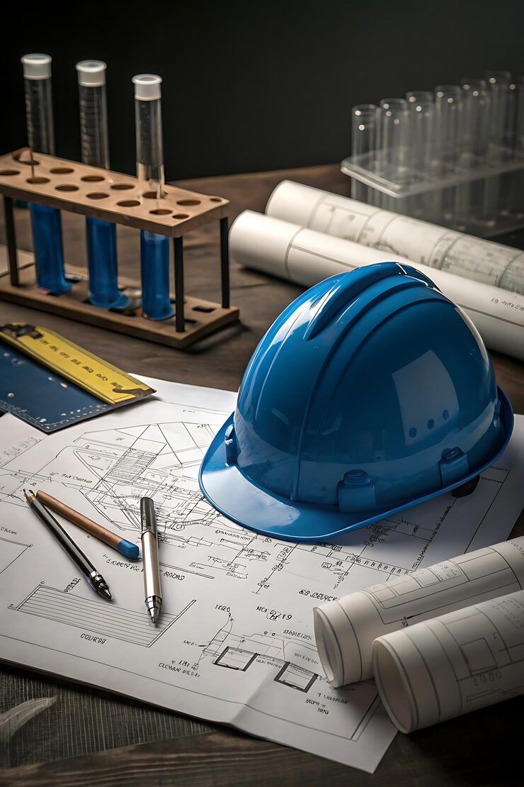 Engineering plans, protective helmet and precision tools